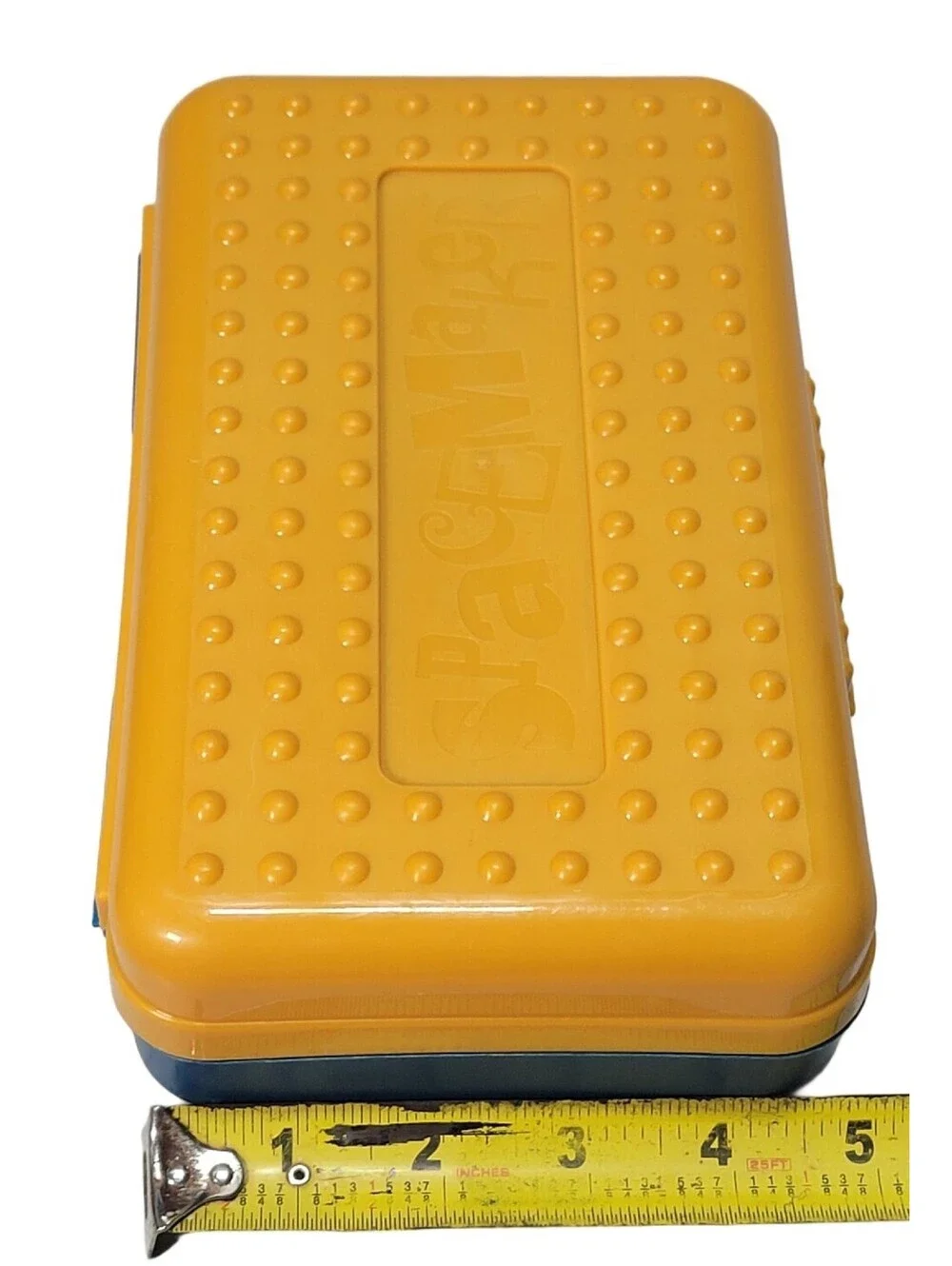Vintage 90s Spacemaker Hard Pencil Case Box Mustard Top Frosted Teal/Navy Bottom